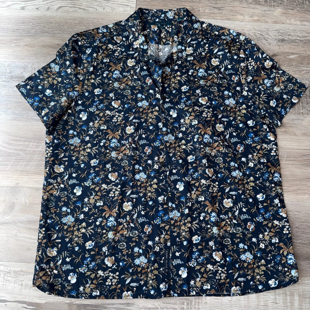 Perry Ellis | Men's XXL Slim Fit Blue Brown Floral Casual Button Shirt